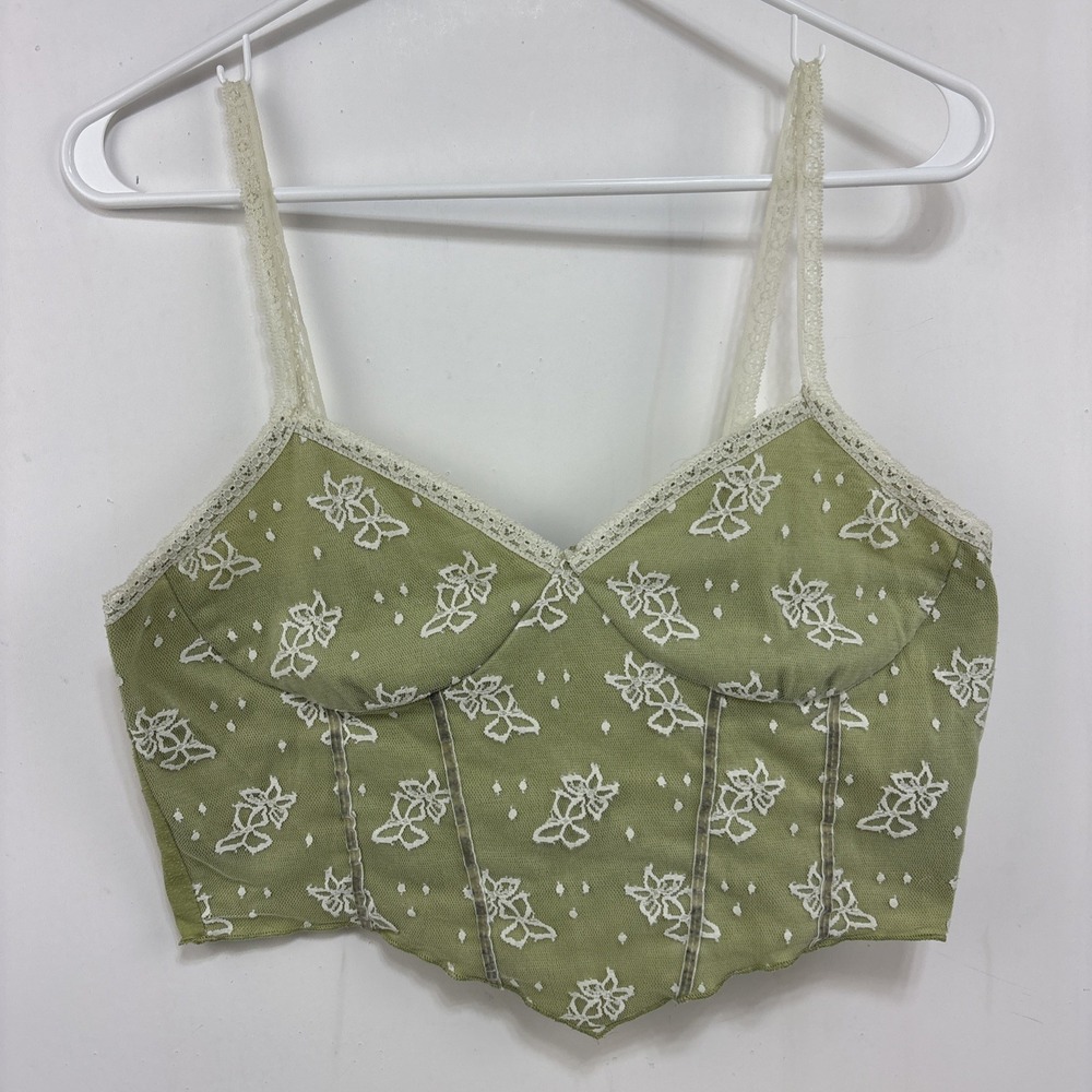 Romwe Fairycore Boho Butterfly‎ Print Lace Trim Crop Cami Top Green Size L
